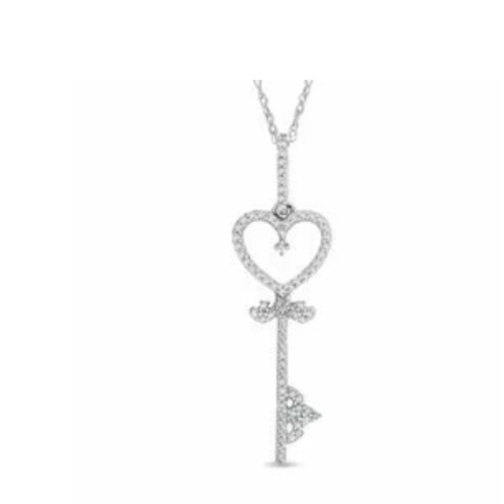1/8 CT. T.W. Diamond Heart-Top Key Pendant in 10k White Gold